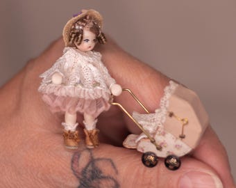 Girl with Doll Pram, Together or Separately | 1:12 Scale | Dollhouse Toy
