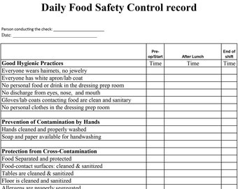 Food Safety program Daily Food Safety Control Record