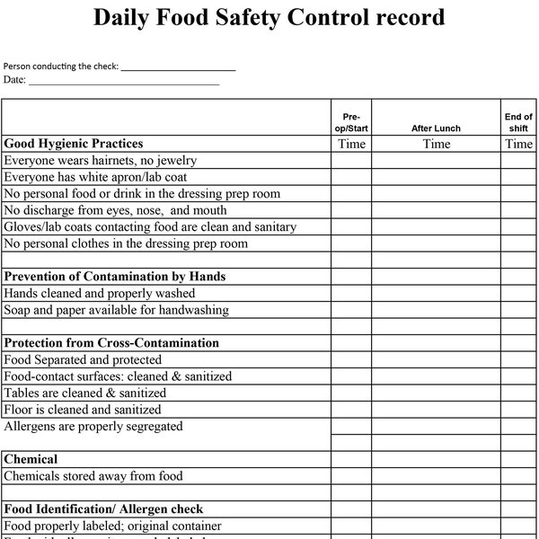 Programme de salubrité des aliments Registre quotidien de contrôle de la salubrité des aliments