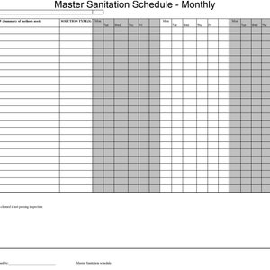 Puede incluir: Una plantilla de programación de saneamiento imprimible en blanco y negro para un negocio. La plantilla incluye una lista de los artículos que se deben limpiar, la frecuencia de limpieza, el método de limpieza, el tipo de solución y un calendario para realizar un seguimiento de las tareas de limpieza. La plantilla está diseñada para uso mensual.