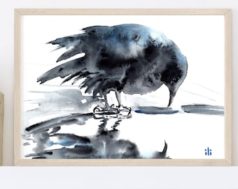 Watercolor Crow Print: Reflection Painting, Abstract Bird Art