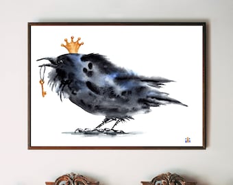 Raven Watercolor Painting Print: Crow with Key Fine Art
