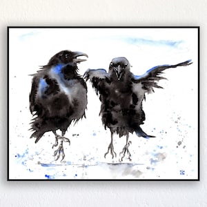 Two Ravens Crows Dancing Birds Watercolour Painting Print from Original Fine Abstract Minimalist Art black blue Bird lover gift