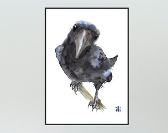 Cute Black Raven Crow Watercolour Painting Print from Original, Fine Art, Minimalist Animal Illustration, Wildlife gift