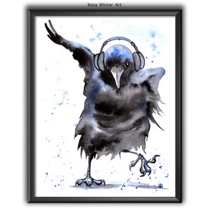 "Personalisierte Musik Krähe mit Kopfhörern ""Don't Worry Be Happy"" Aquarell Malerei Druck nach Original von Ilona Winter."