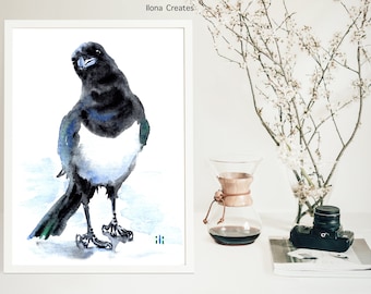 Personalised Magpie Watercolour Painting Print "Hello There" from Original by ili