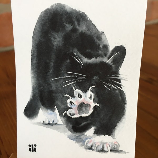 ACEO Miniature Original watercolor painting cute Black Cat Pet Animal minimalist abstract illustration drawing wildlife fine art gift