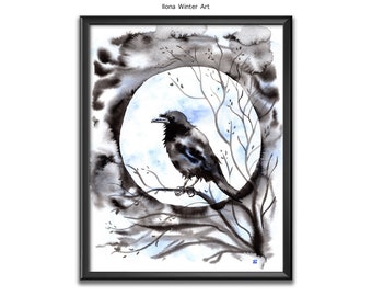 Personalized Raven Moon Watercolour Painting Print: Dreaming to Fly