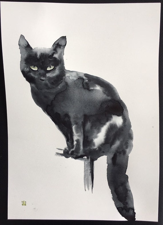 Original Watercolor Painting Black Cat Wildlife Cat Lover Gift | Etsy