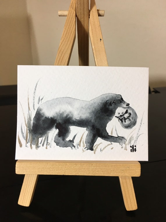 ACEO Miniature Original watercolor painting cute Black white Badger Mother baby Animal Nursery drawing wildlife fine art gift