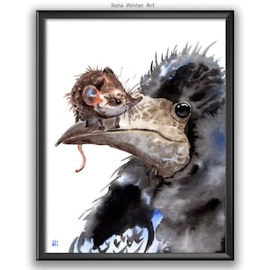 Personalised Crow and a Shrew Mouse Watercolour Painting &quot;Bill and Ben&quot; Print from Original by Ilona Winter
