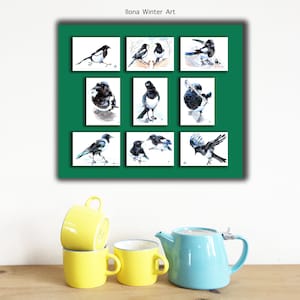 ACEO Cards Set di 9 carte regalo Watercolor Magpies di Ilona Winter