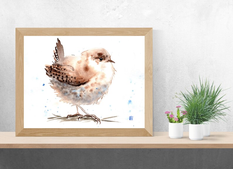 Watercolour Painting Print from original Cute Wren Bird Minimalist Art Illustration Drawing Wildlife