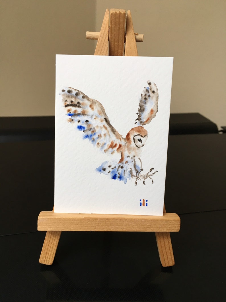 ACEO Miniature Original watercolor painting cute Barn Owl bird minimalist abstract illustration drawing wildlife fine art gift