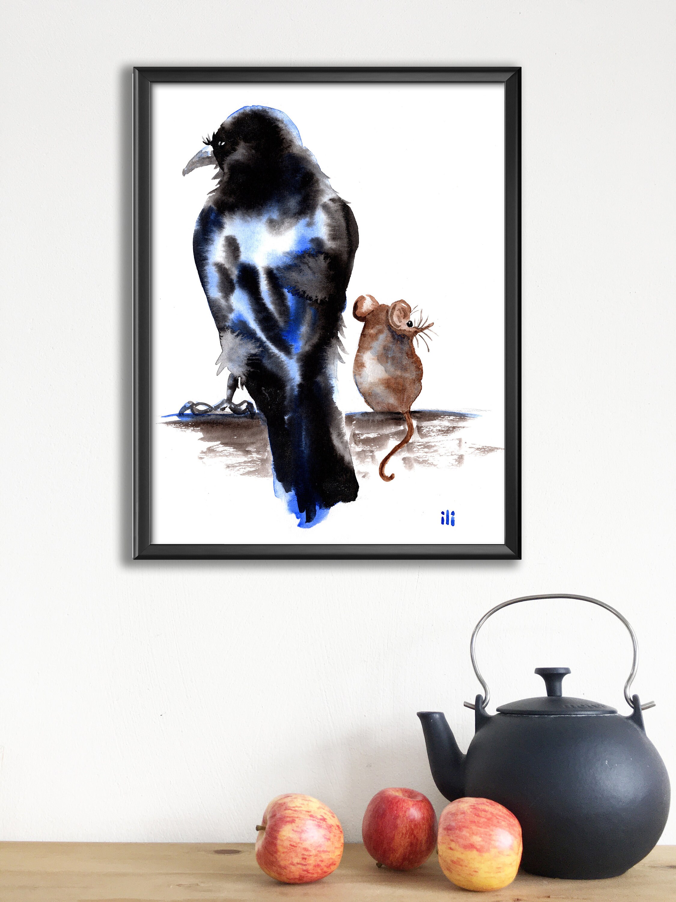 Crow Mouse Personalised Crow and a Shrew Mouse Watercolour Painting