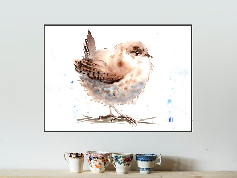 Watercolour Painting Print from original Cute Wren Bird Minimalist Art Illustration Drawing Wildlife