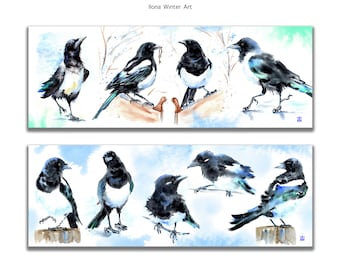 Watercolour Magpie Bookmark Print Set of 4 by Ilona Winter