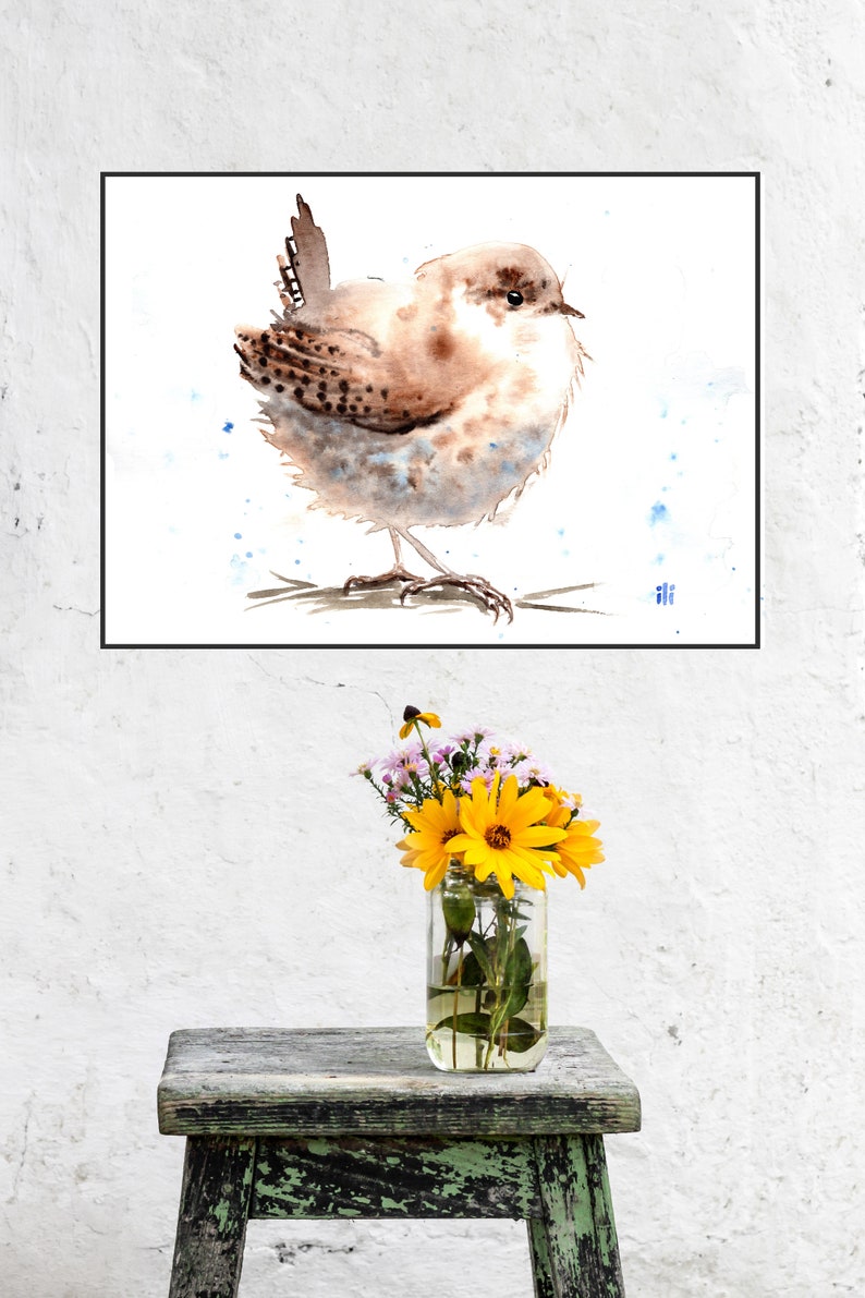Watercolour Painting Print from original Cute Wren Bird Minimalist Art Illustration Drawing Wildlife