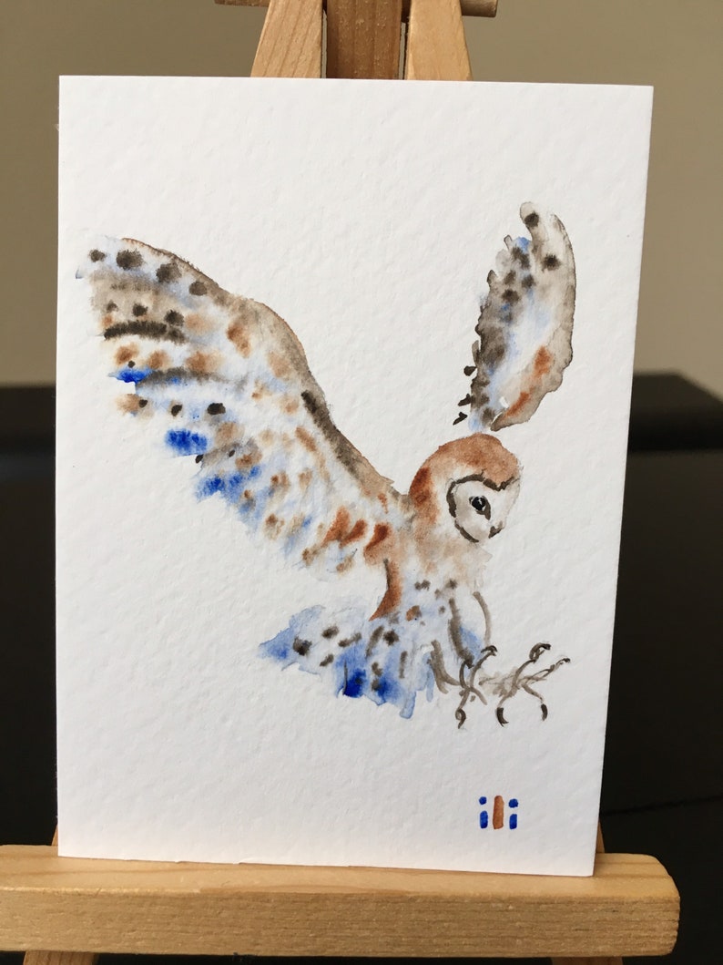 ACEO Miniature Original watercolor painting cute Barn Owl bird minimalist abstract illustration drawing wildlife fine art gift