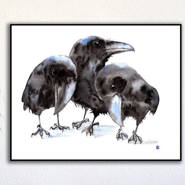 3 Ravens Crow birds Watercolour Painting Print from Original Fine Abstract Art black blue Bird lover gift