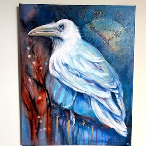 Retrato original de un cuervo albino blanco pintado "Adelante del tiempo" por Ilona Winter