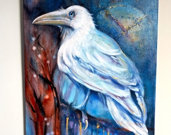 アルビノカラスの絵画：幻想的な鳥のアクリルアート、16x20 - Etsy 日本