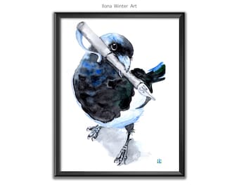 Personalised Magpie Watercolour Painting Print "Another Story" from Original by Ilona Winter