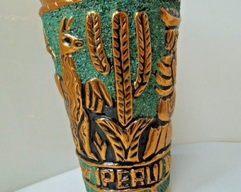 s983 Vintage Peruvian Handmade Copper Cup with Symbols and Animals. Copper is Hand Hammered and Embossed, REPOUSSE