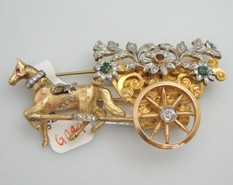 g049 14k Yellow Gold Horse Carriage Emerald, Ruby & Diamond Brooch