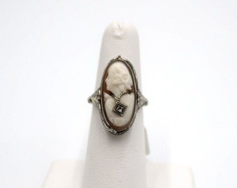 t216 Vintage 14k White Gold Cameo & Black Onyx Diamond Chip Flip Reversible Filigree Ring 5 3/4(US) Signed