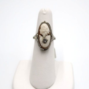 t216 Vintage 14k White Gold Cameo & Black Onyx Diamond Chip Flip Reversible Filigree Ring 5 3/4(US) Signed