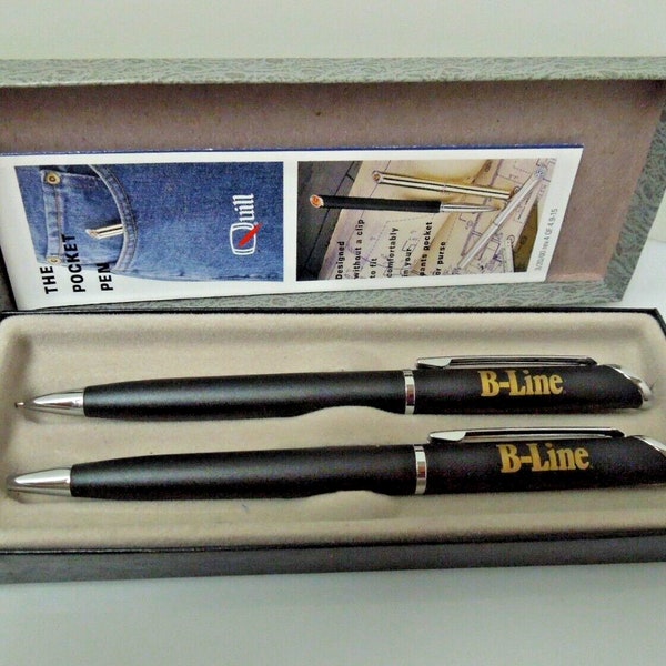 t025 Vintage Quill Silver Tone Ballpoint Pen + Mechanical Pencil Set in Box Pre-owned