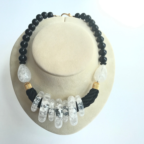 e307 Vintage Elegant Black White Beads Necklace - image 1