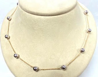 u492 Vintage 14K Yellow Gold Link Chain Necklace 18" Long 18K White Gold Beads