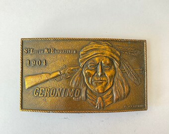Vintage St. Louis 1904 Exposition Geronimo Apache Leader Brass Belt Buckle Vintage Geronimo Belt Buckle Brass St Louis MO Exposition  main image 4