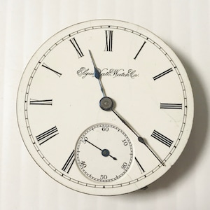 May include: White pocket watch face with black Roman numeral hour markers and black hands. The watch face has the text "Elgin Natl. Watch Co." printed on it.