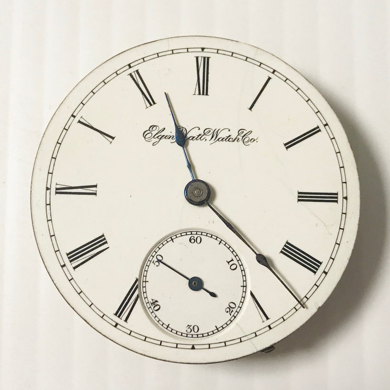 May include: White pocket watch face with black Roman numeral hour markers and black hands. The watch face has the text "Elgin Natl. Watch Co." printed on it.