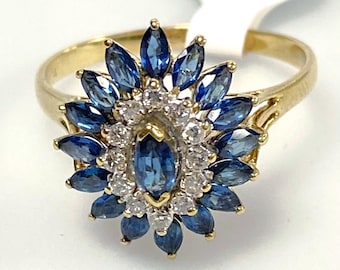 v052 Vintage 14K Yellow Gold Blue Sapphire White Diamond .12cts Ring Size 10.25