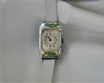 j215 Beautiful 1920's Women's Green & Black Enamel Watch in Stainless Steel