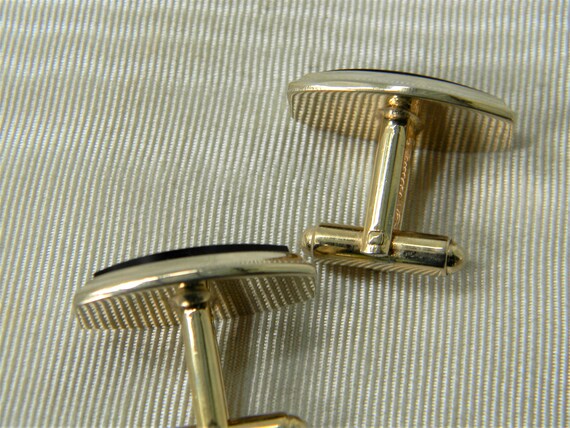j923 Handsome Rectangle Shields Gold Tone Cufflin… - image 3