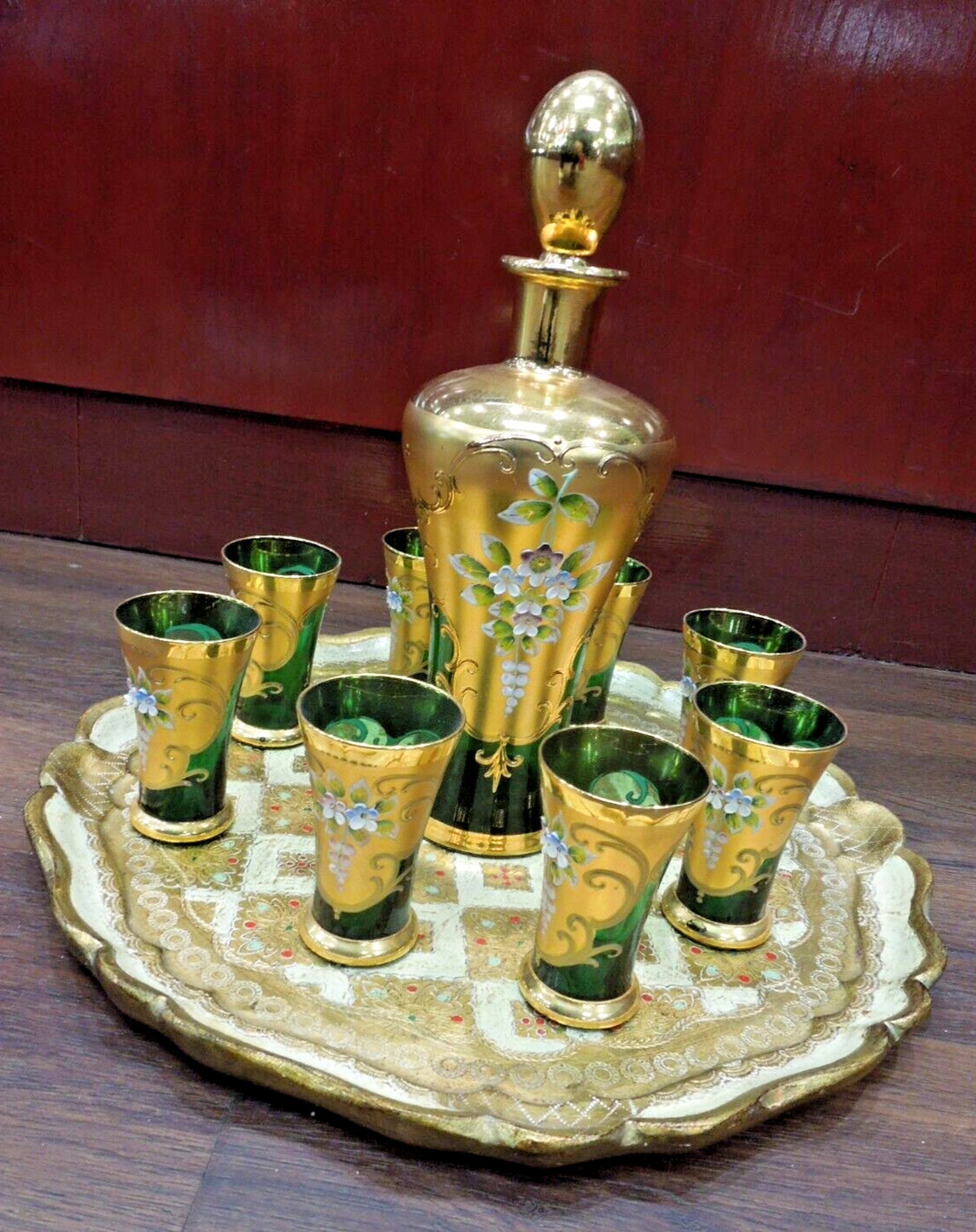 S794 Vintage Floral Liquor Decanter Set / Bohemian Czech Green Etsy