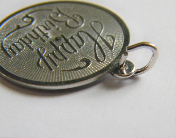 h815 Cute Sterling Silver Round Charm or Pendant with Happy Birthday Embossed View 3
