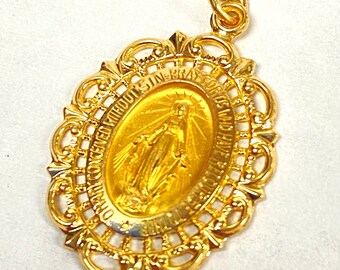 u489 Vintage 14K Yellow Gold 18" Link Chain Necklace 14K YG Virgin Mary Pendant