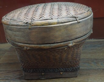 q915 Antique Vintage Akha Thai Round Woven  Rice Basket Bamboo Rare
