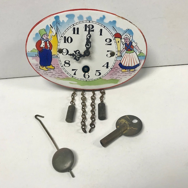 f328 Vintage 1930's German Enamel Pendulette Clock with Key