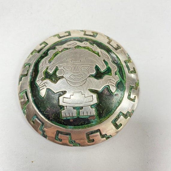 m181 Vintage Sterling Silver Green Enamel Peruvia… - image 1