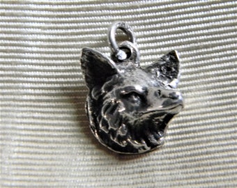 h867 Cute Vintage Sterling Silver Wolf or Dog Head Charm or Pendant