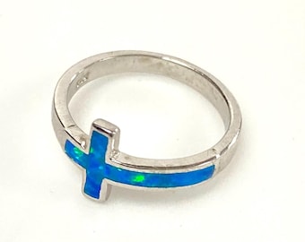 v594 Vintage Sterling Silver Blue Opalata Inlay Cross Band Ring Size 3.75