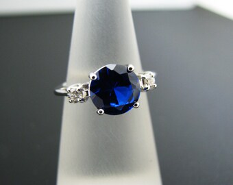 a353 Vintage Beautiful Dark Blue Stone Ring Band 14k White Gold with 2 Diamonds