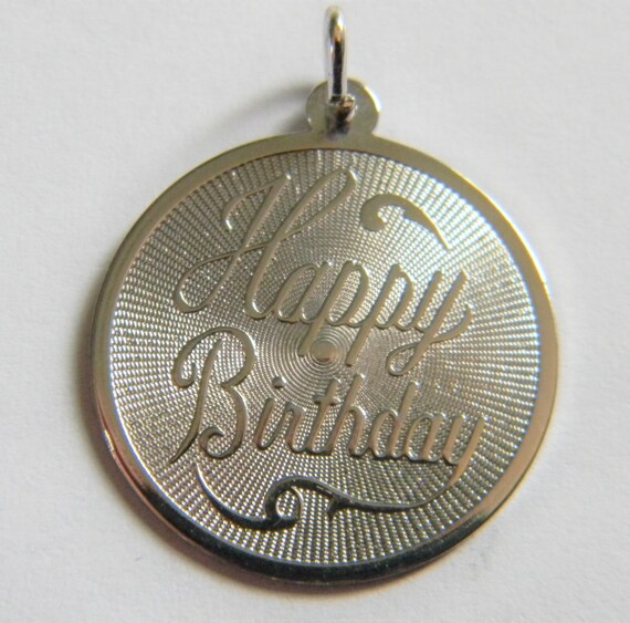 h815 Cute Sterling Silver Round Charm or Pendant with Happy Birthday Embossed